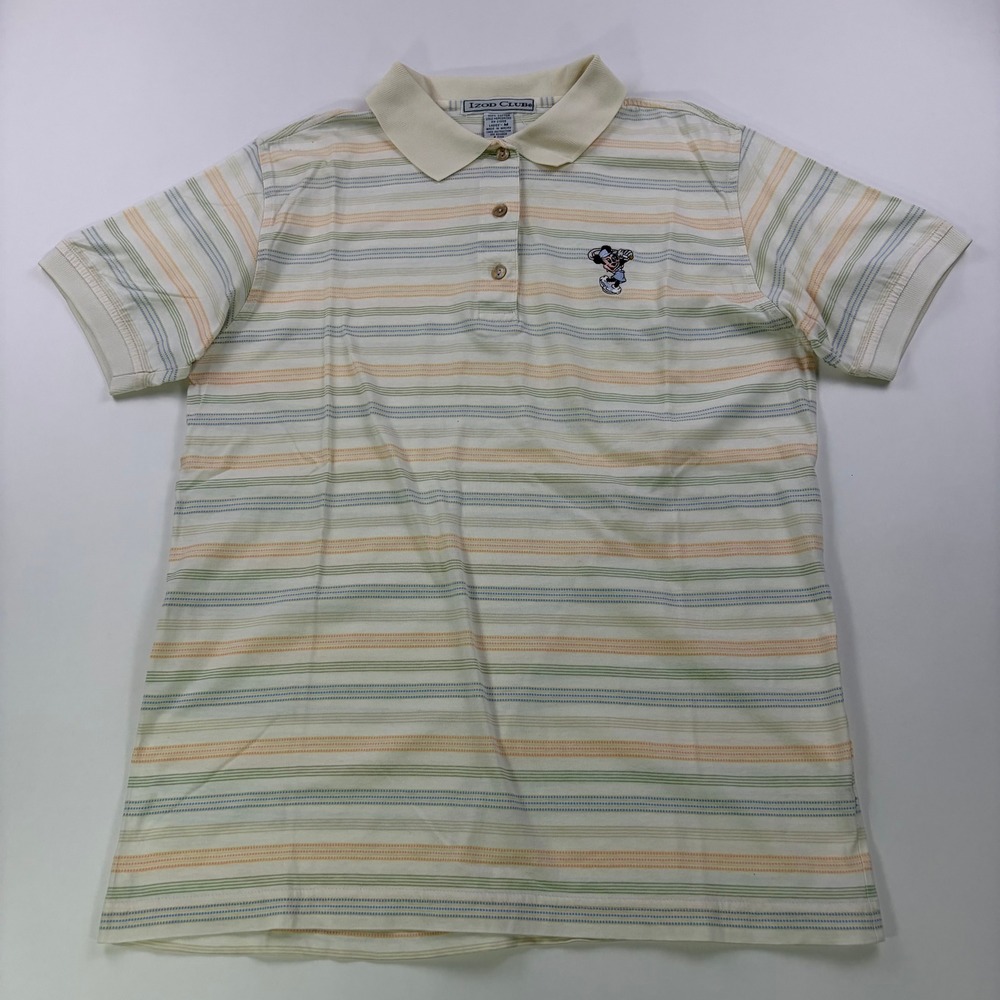 Vintage Izod Club Disney Polo Shirt Womens M‎ Cream Striped Minnie Mouse Golf